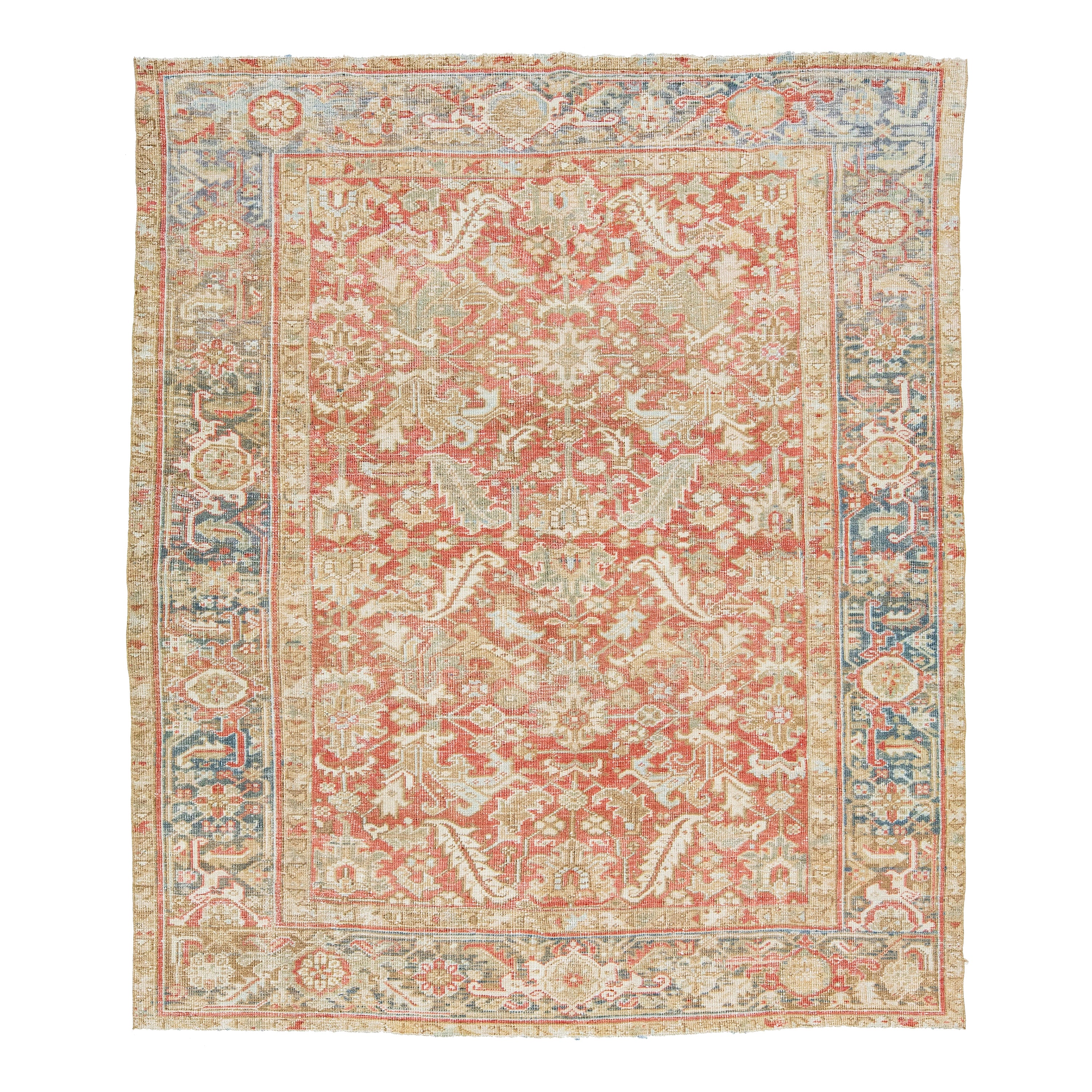 1920s Floral Antique Persian Heriz Wool Rug Featuring a Rust color