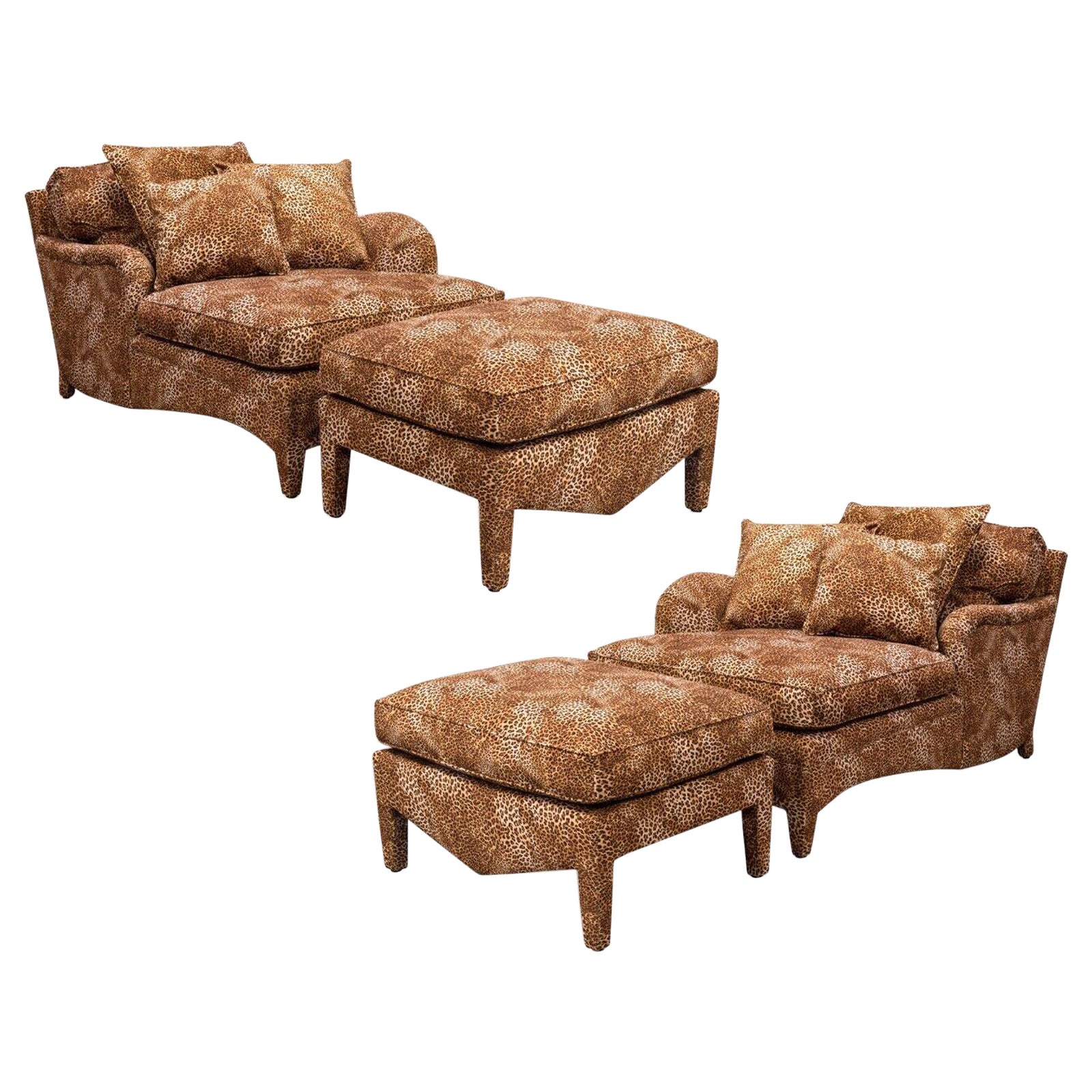 Pair of Donghia Leopard Print Left and Right Hand Chaise with Matching Ottomans
