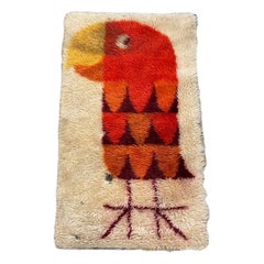 Mid Century 3' Foot Hand-Hooked Bird Tapestry Rug Wall Hanging