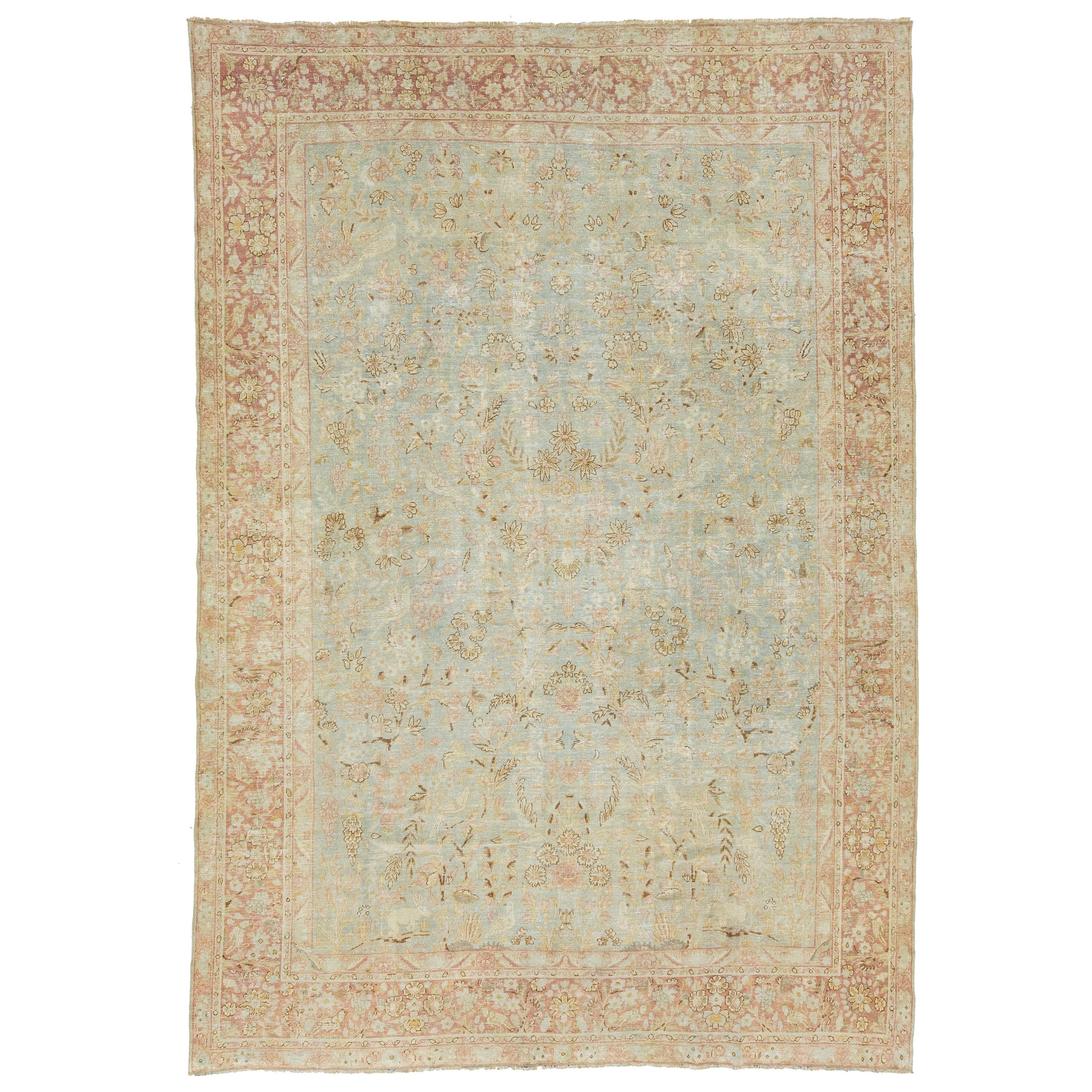 Light Blue Persian Antique Malyer Handmade Wool Rug with Floral Design For Sale