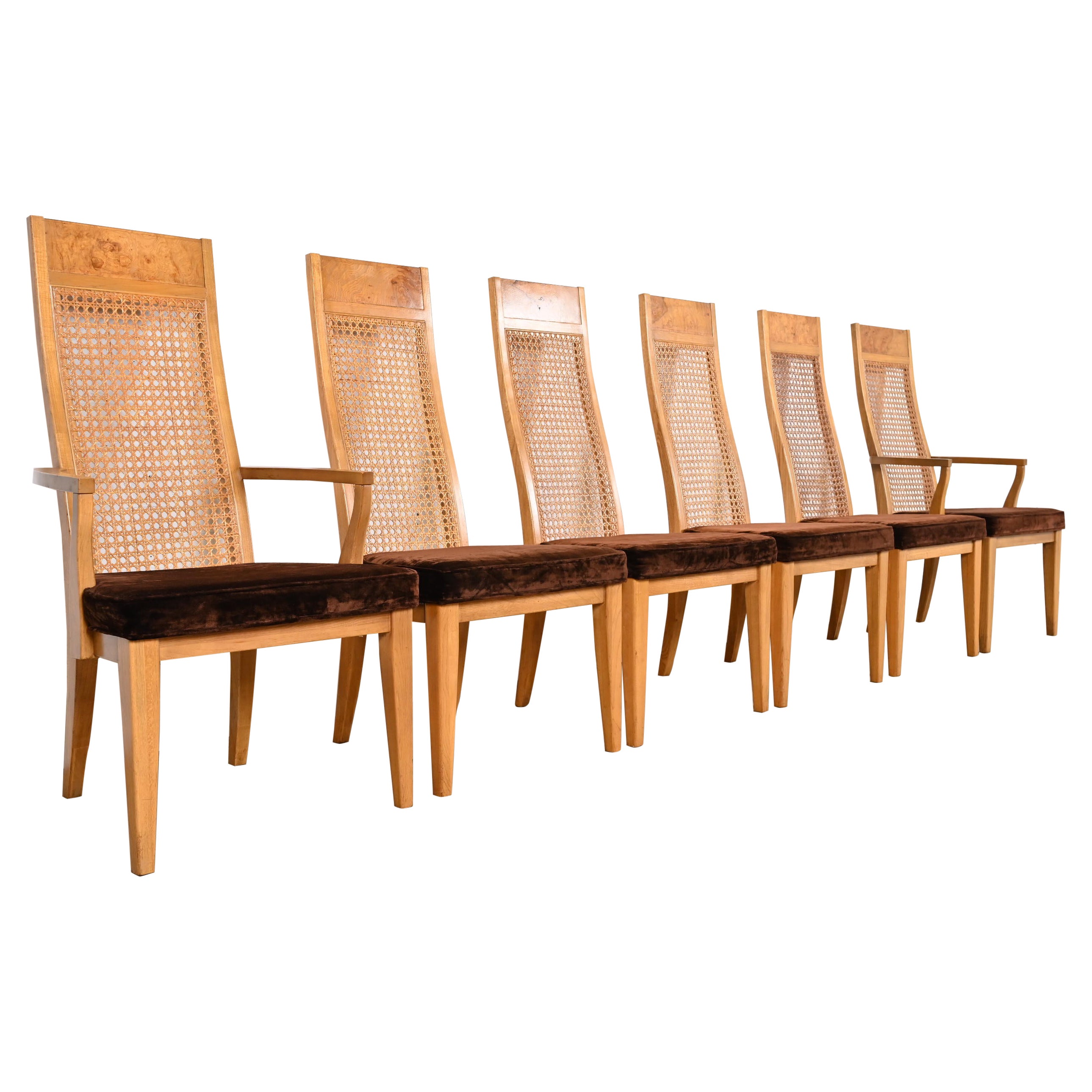Chaises de salle à manger en bois de ronce et cannage de style Milo Baughman Modernity par Lane en vente