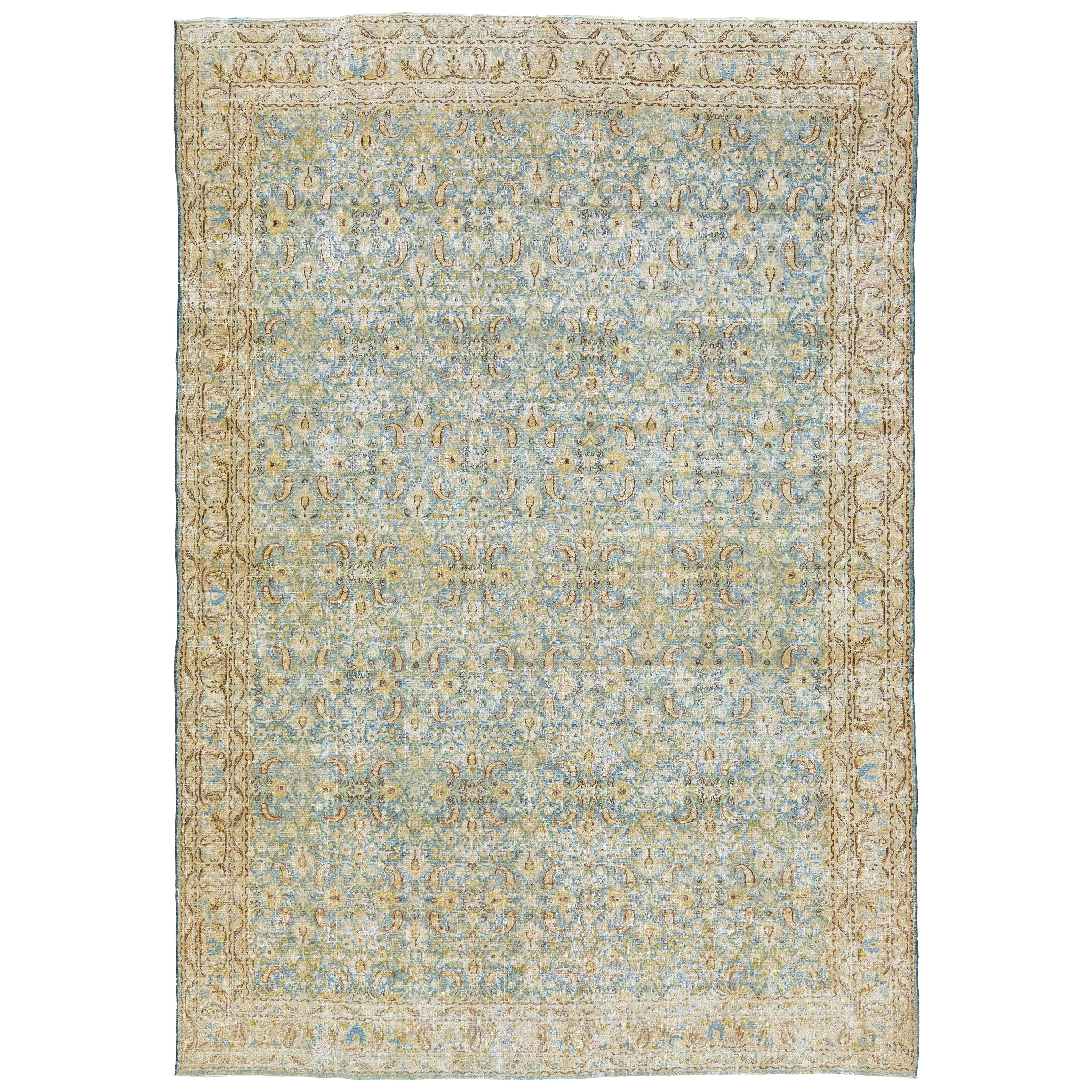  Allover Pattern Antique Persian Tabriz Wool Rug In Blue