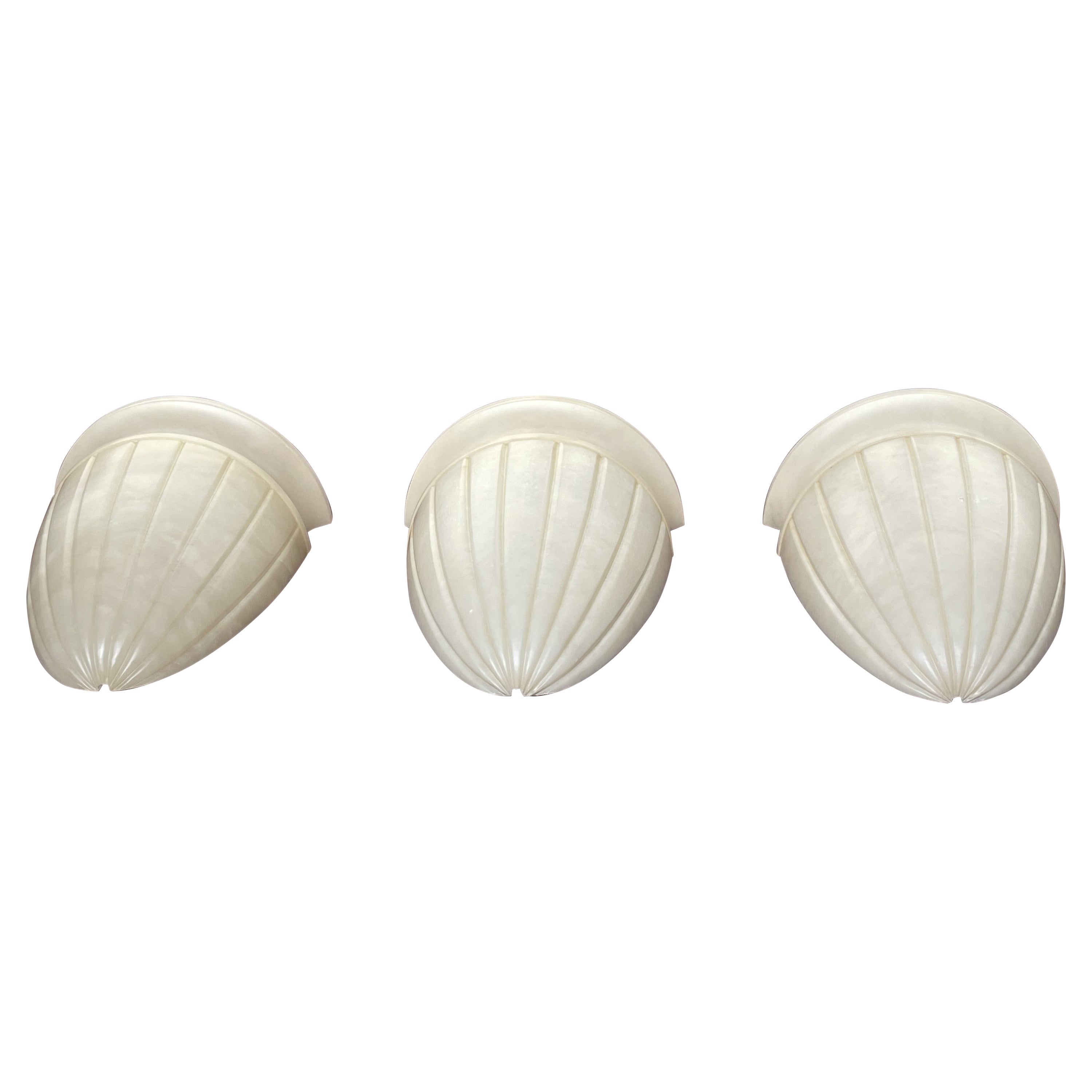 Stunning Set of 3 Midcentury Made, Large Size Hand Carved Alabaster Wall Sconces For Sale