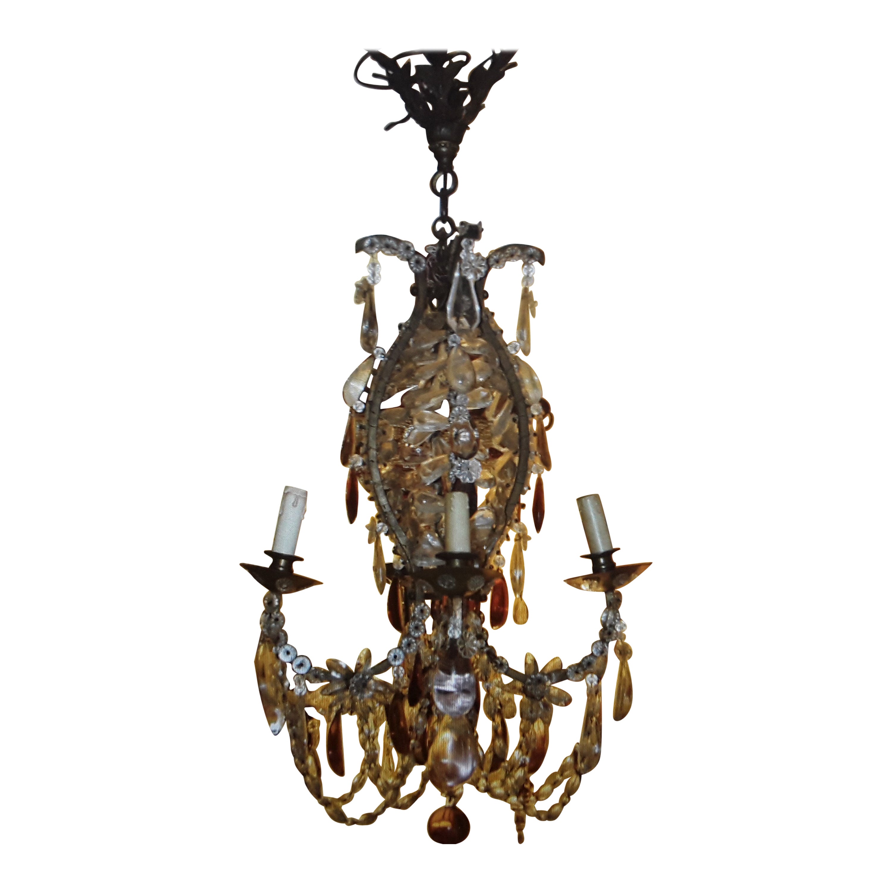 19thc French Antique Louis XV style Rococo Bronze Multi Color Crystal Chandelier For Sale