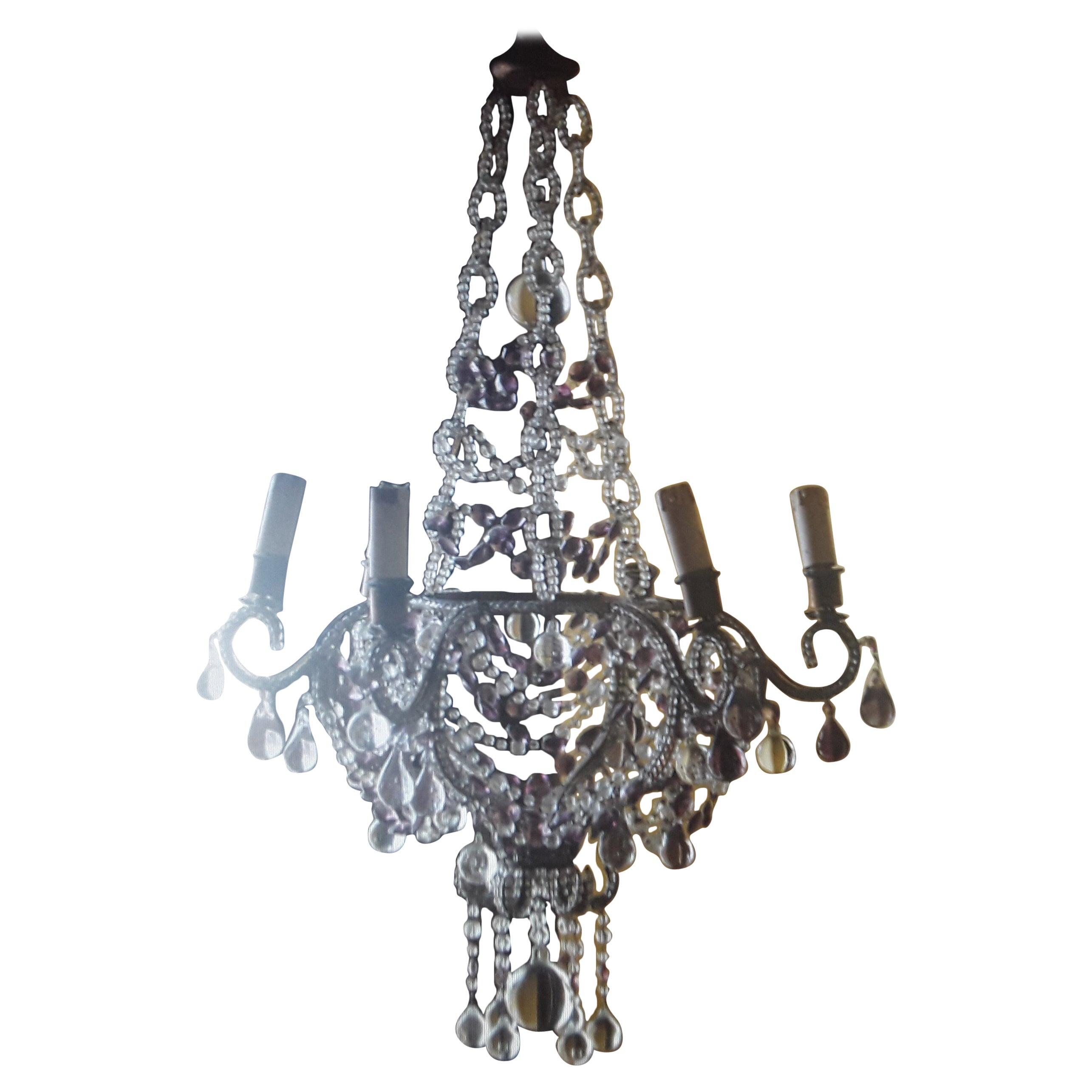 19thc French Napoleon III Crystal Beaded w/ Amethyst & Clear Crystal Chandelier For Sale