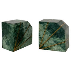 1980s Green Verde Guatemala Marble and Brass Bookends – a Pair 