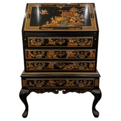 Vintage Maddox Chinoiserie, Black Lacquer, Slant-Front Writing Desk