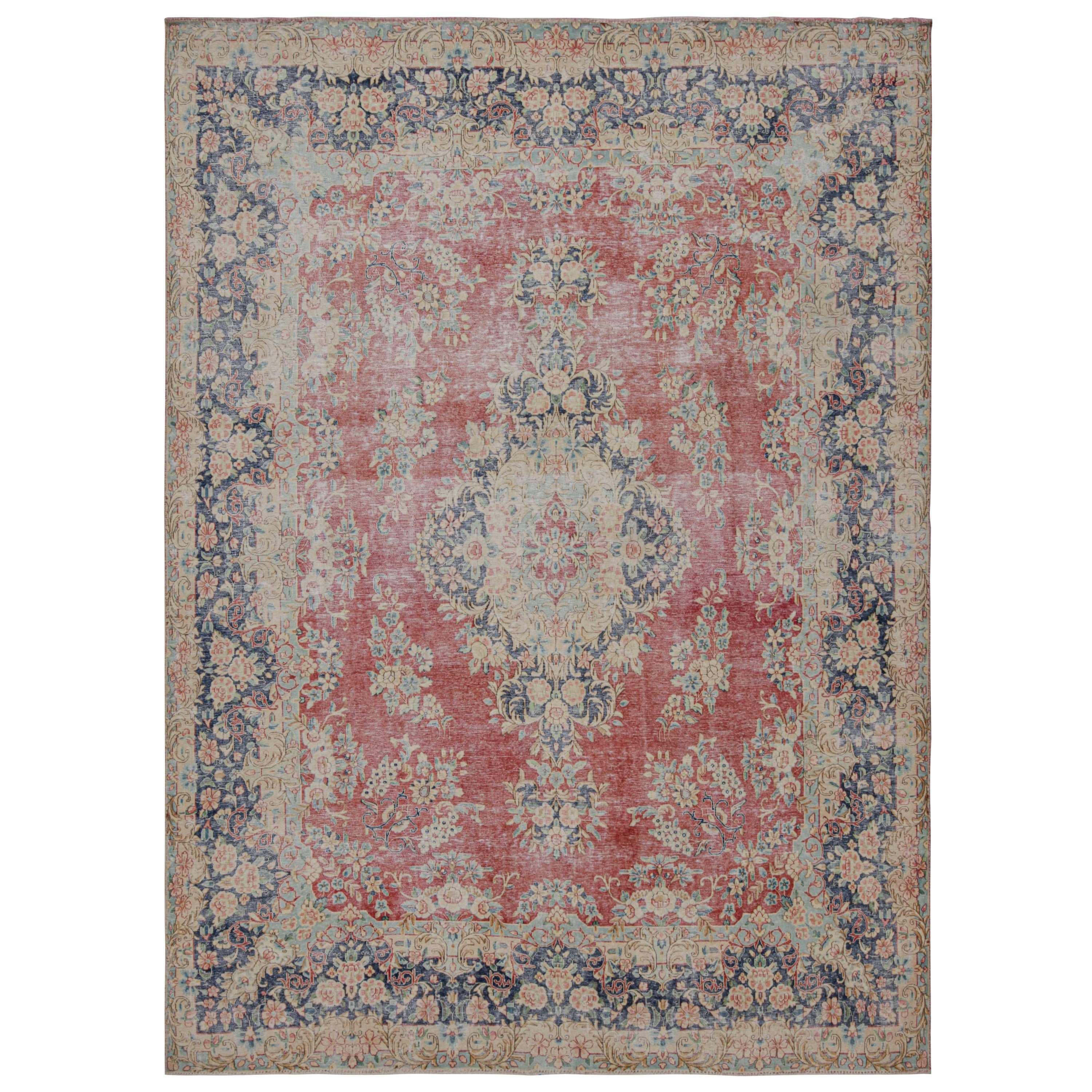 Vintage Persian Kerman rug in Red, Blue and Beige Floral Patterns by Rug & Kilim For Sale