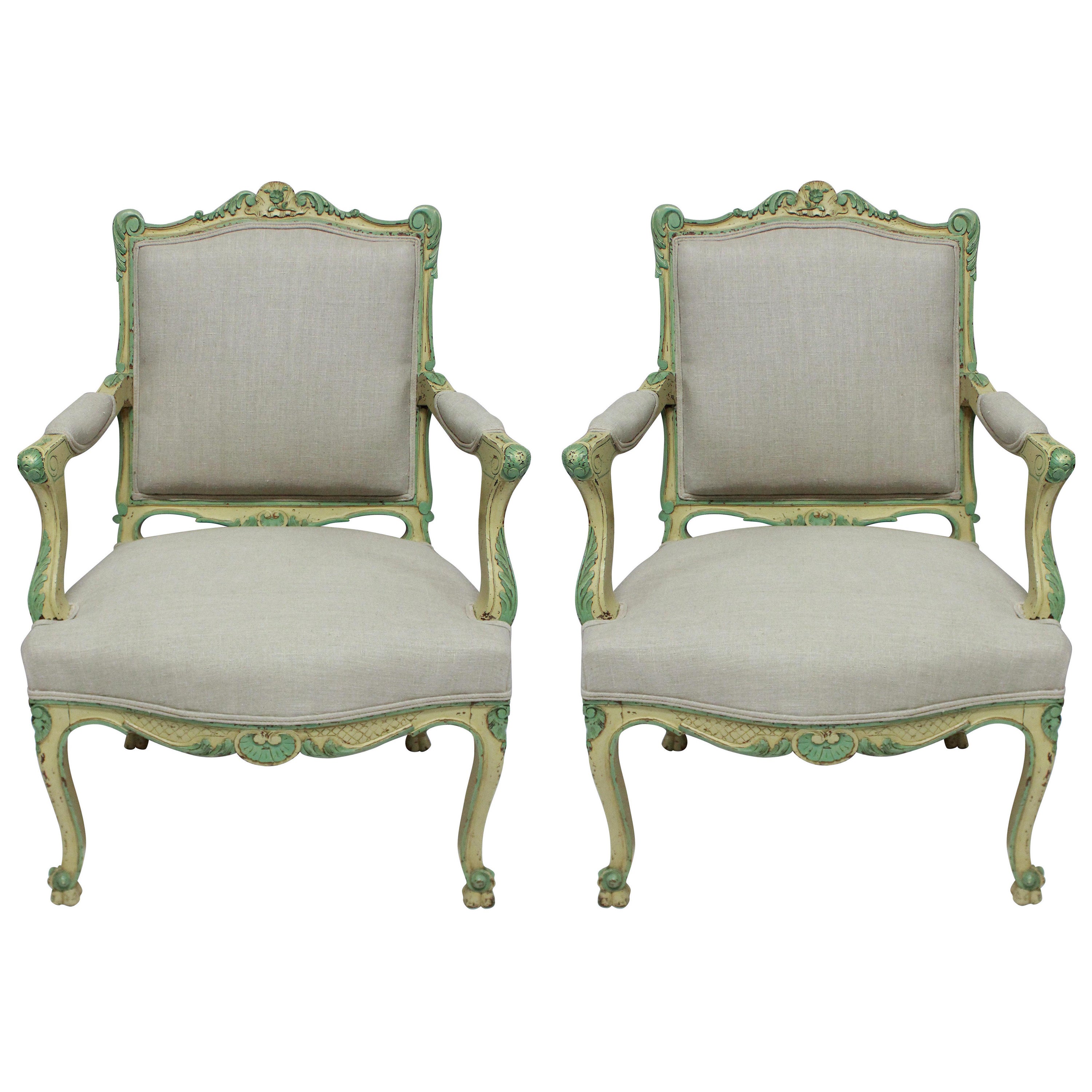 Pair Of 1930's Painted Louis XV Style Armchairs For Sale