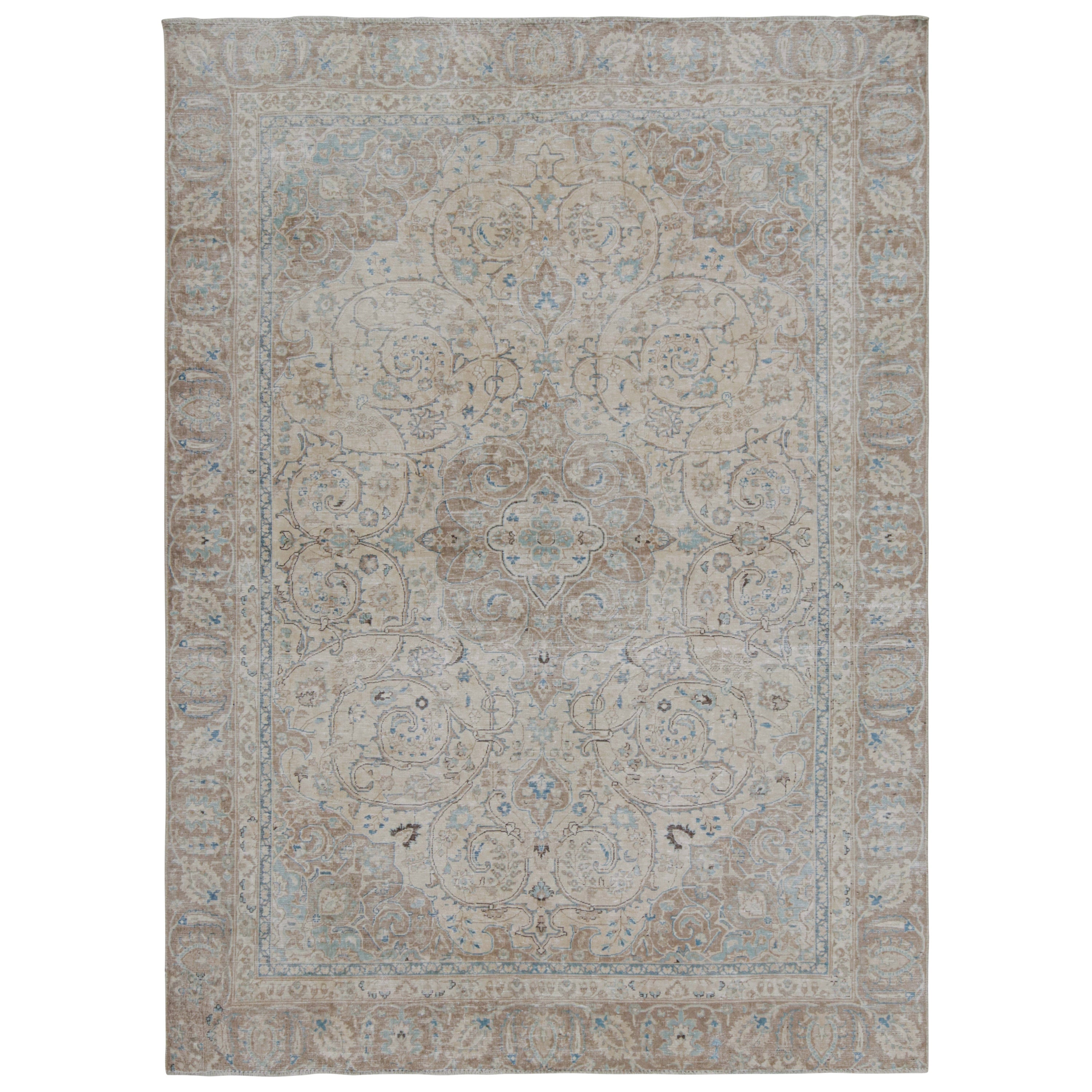 Vintage Tabriz rug in Beige, Brown and Blue Floral Patterns by Rug & Kilim For Sale