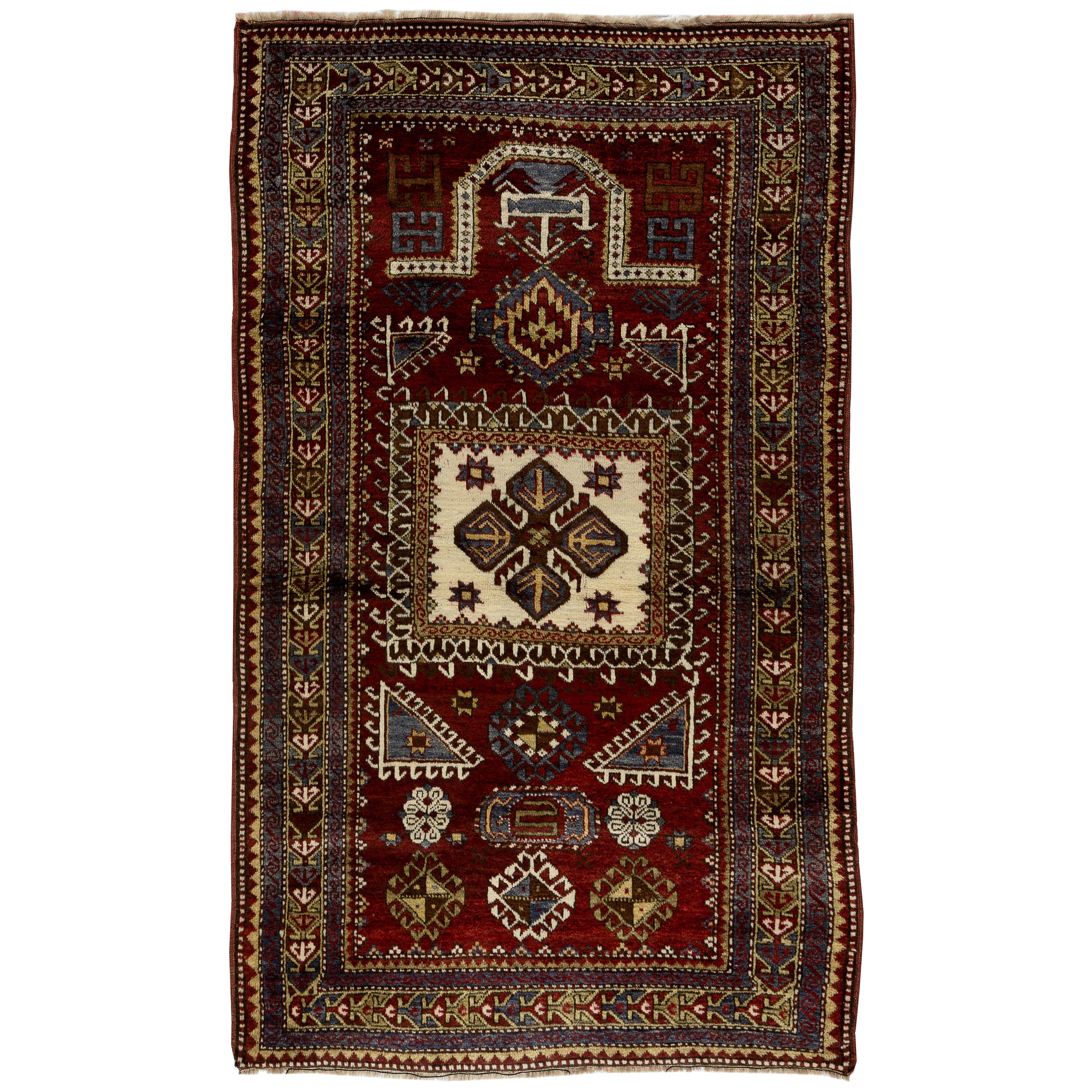 4.2x7 Ft Semi Antique Caucasian Fachralo Kazak Prayer Rug. Circa 1940 For Sale