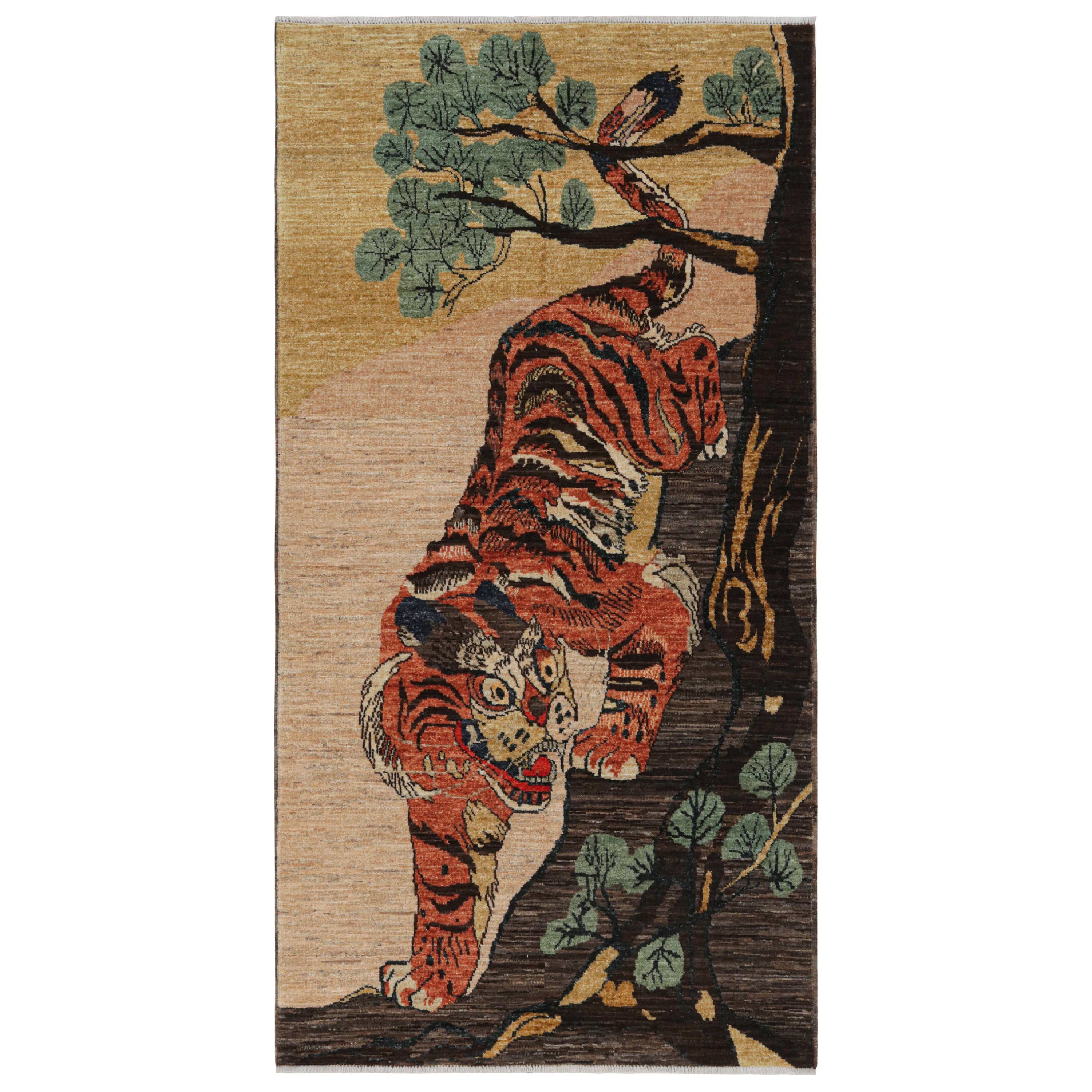 Rug & Kilim’s Tiger style pictorial runner in Brown, Gold and Orange For Sale