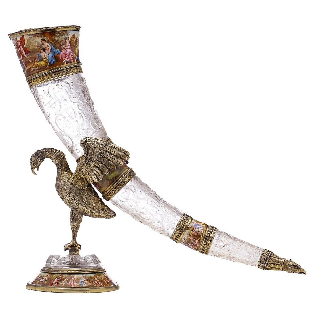 19. Jahrhundert Österreichisches Trinkhorn aus Silber, vergoldet, Emaille und Bergkristall, um 1880 im Angebot