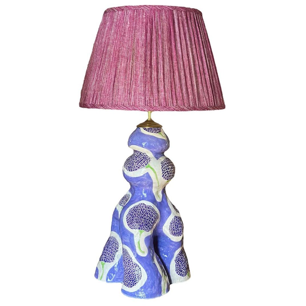 Purple patterned ceramic lamp in hand painted marigold floral  For Sale