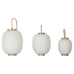 Collection of 3 Opaline Glass and Brass Ceiling Fixtures for Lyfa, 1950s