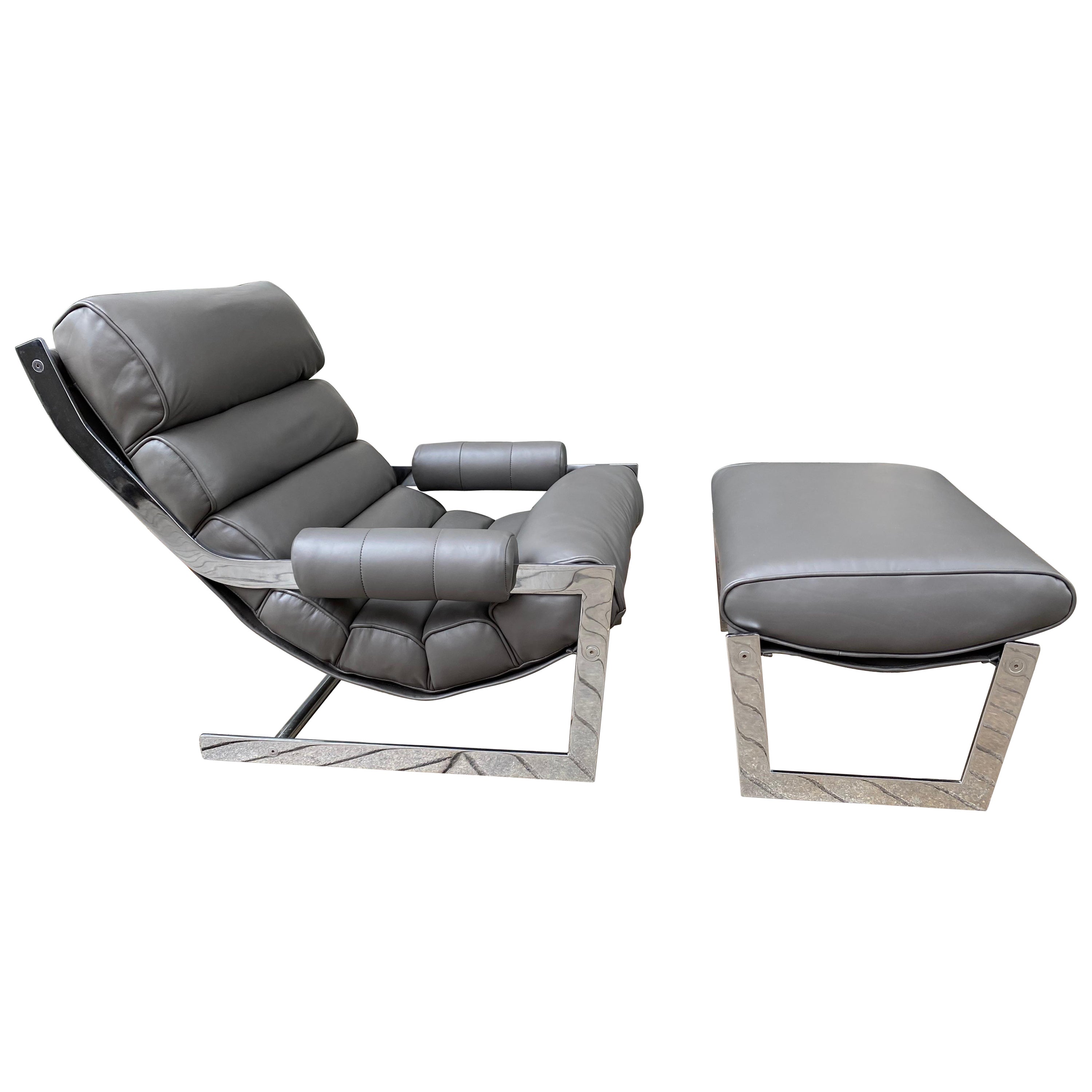 Chrome and Leather Lounge Chair and Ottoman  For Sale
