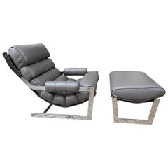 Chrome and Leather Lounge Chair and Ottoman 