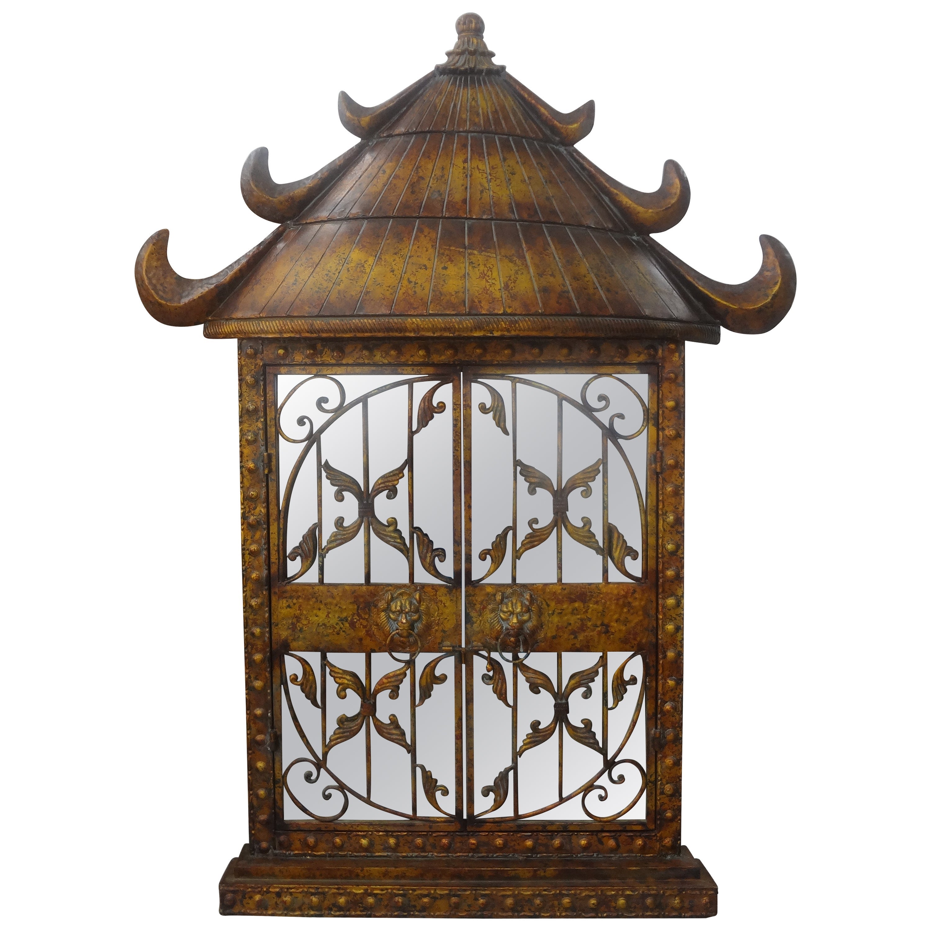 Miroir pagode vintage en métal doré