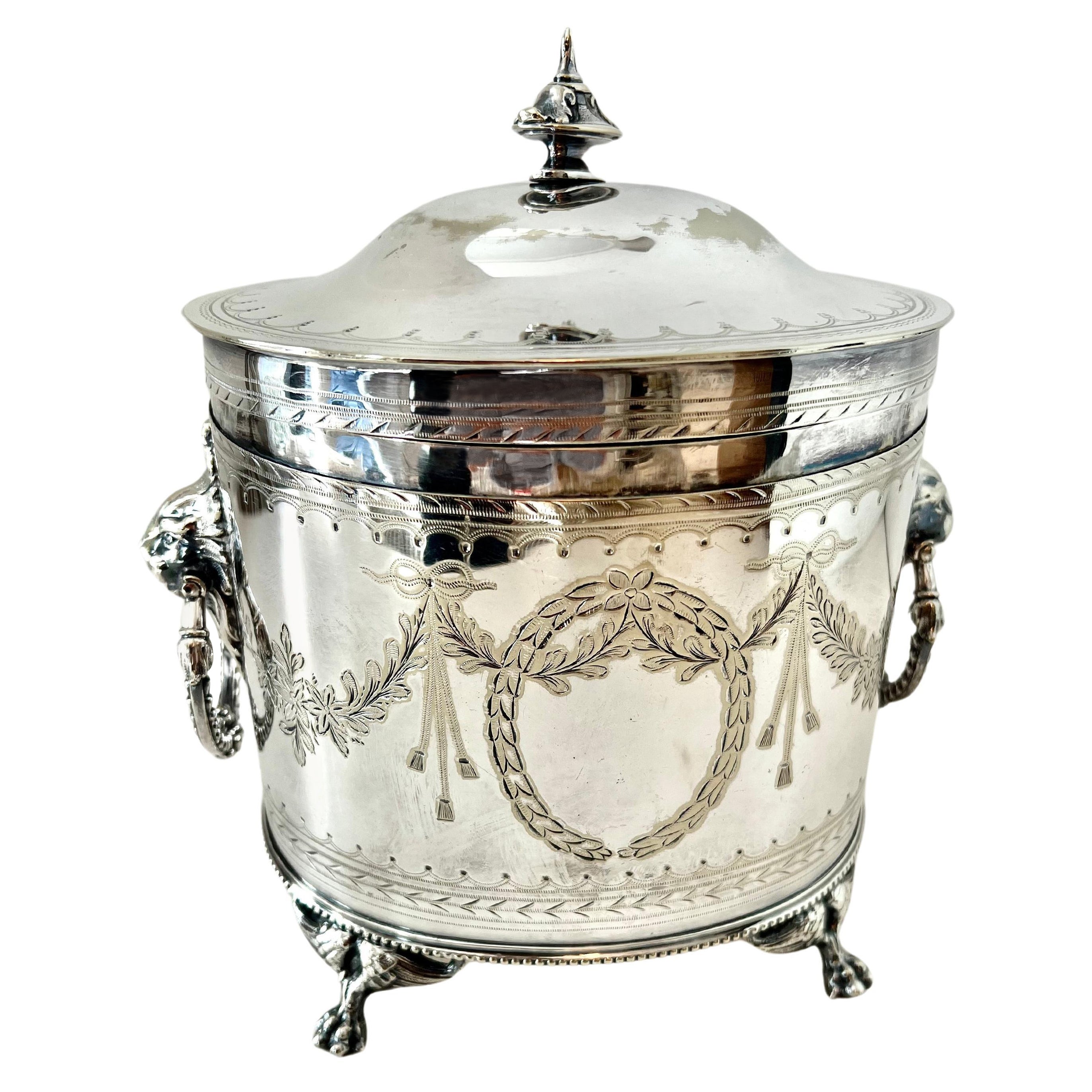 English Silver Plate Tea Caddy with Lion and Ring Handles For Sale