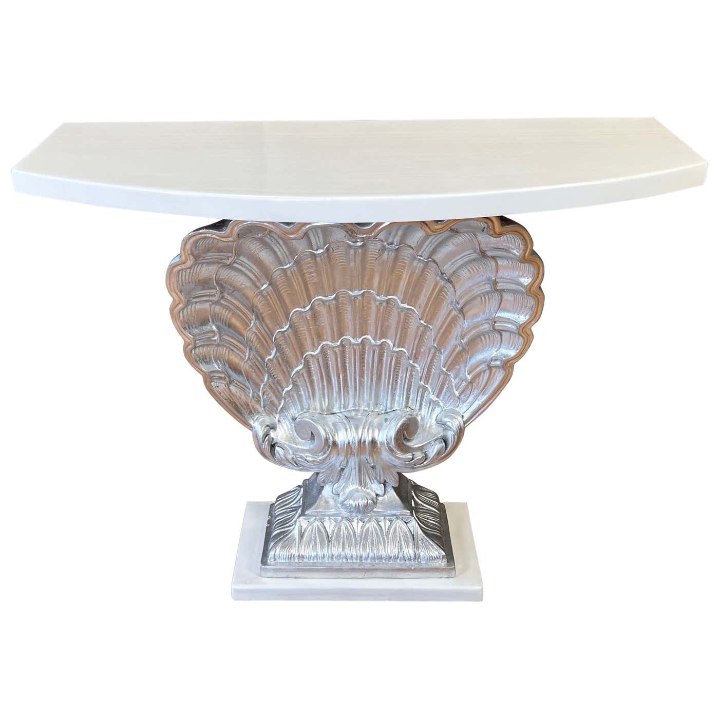 Grosfeld House Shell Console Table in Silver Leaf and White Lacquer ...