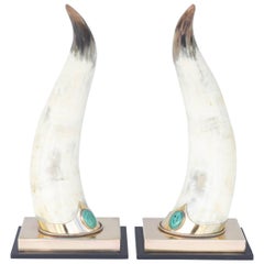 Pair of Decorative Malachite Embellished Bull Horns by Anthony J. Redmile
