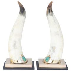 Pair of Decorative Malachite Embellished Bull Horns by Anthony J. Redmile 4