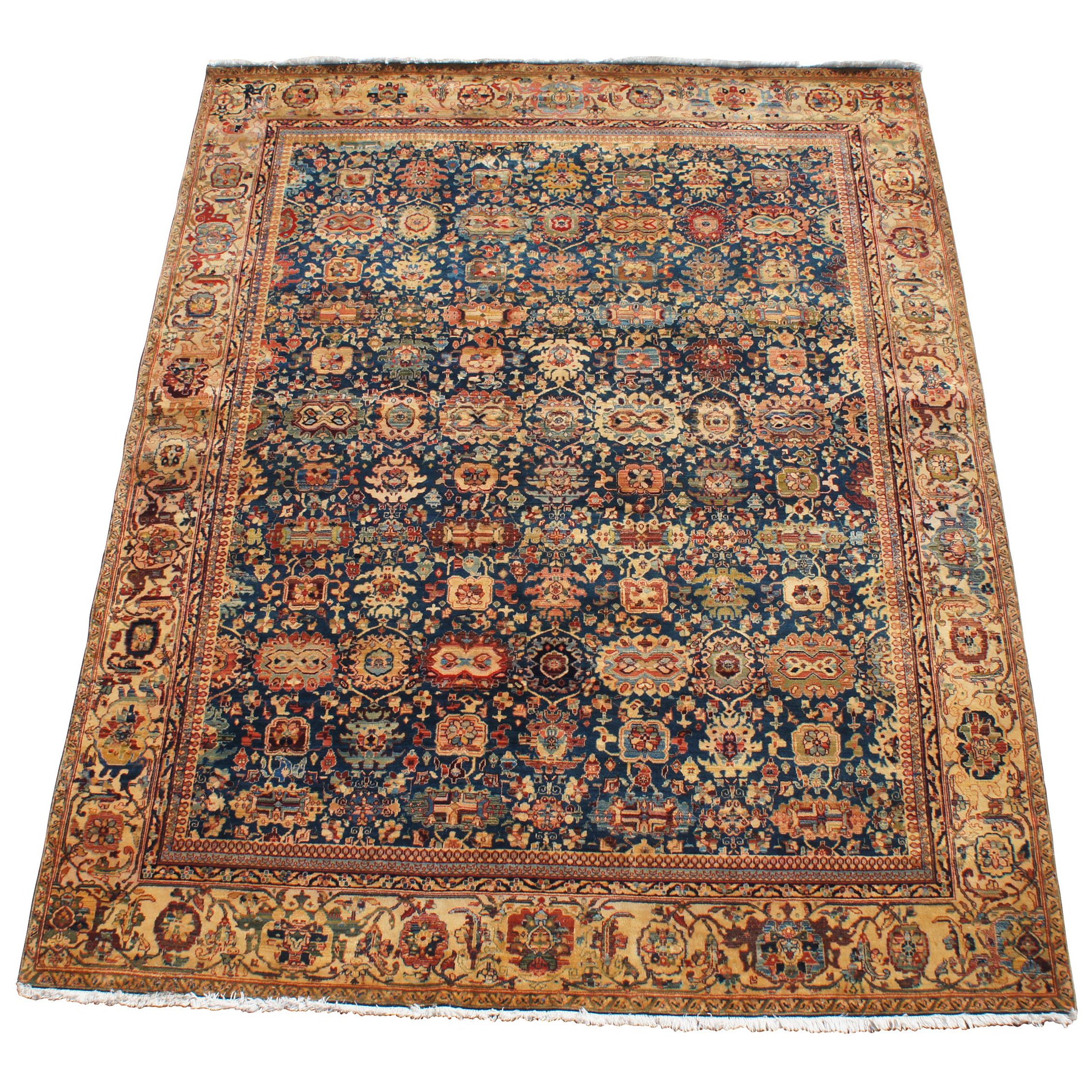 Very Fine Persian Bijar Hand Knotted Gold & Blue Floral Area Rug Carpet 8' x 10' For Sale