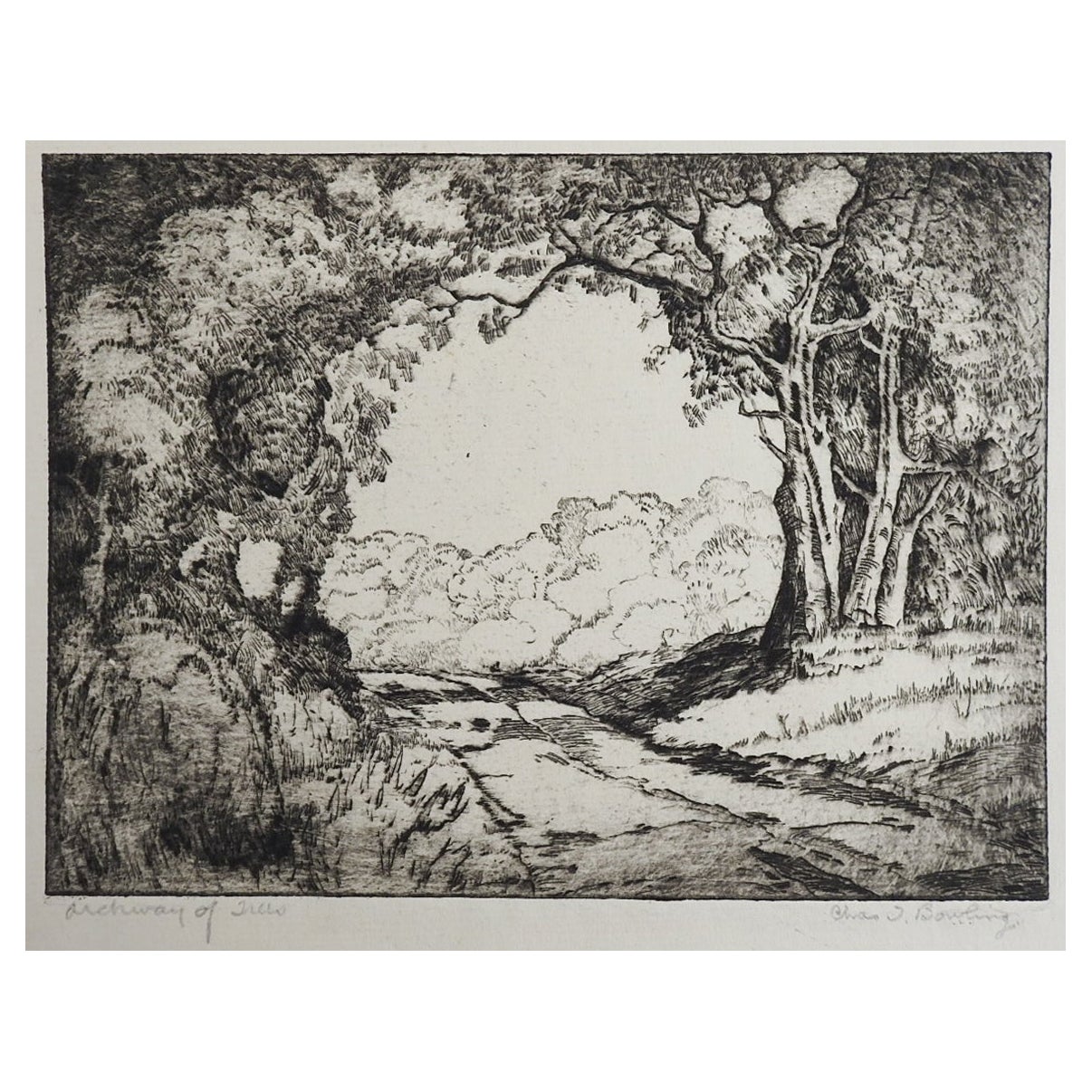 Vintage 1930s Charles Bowling Archway of Trees Etching For Sale