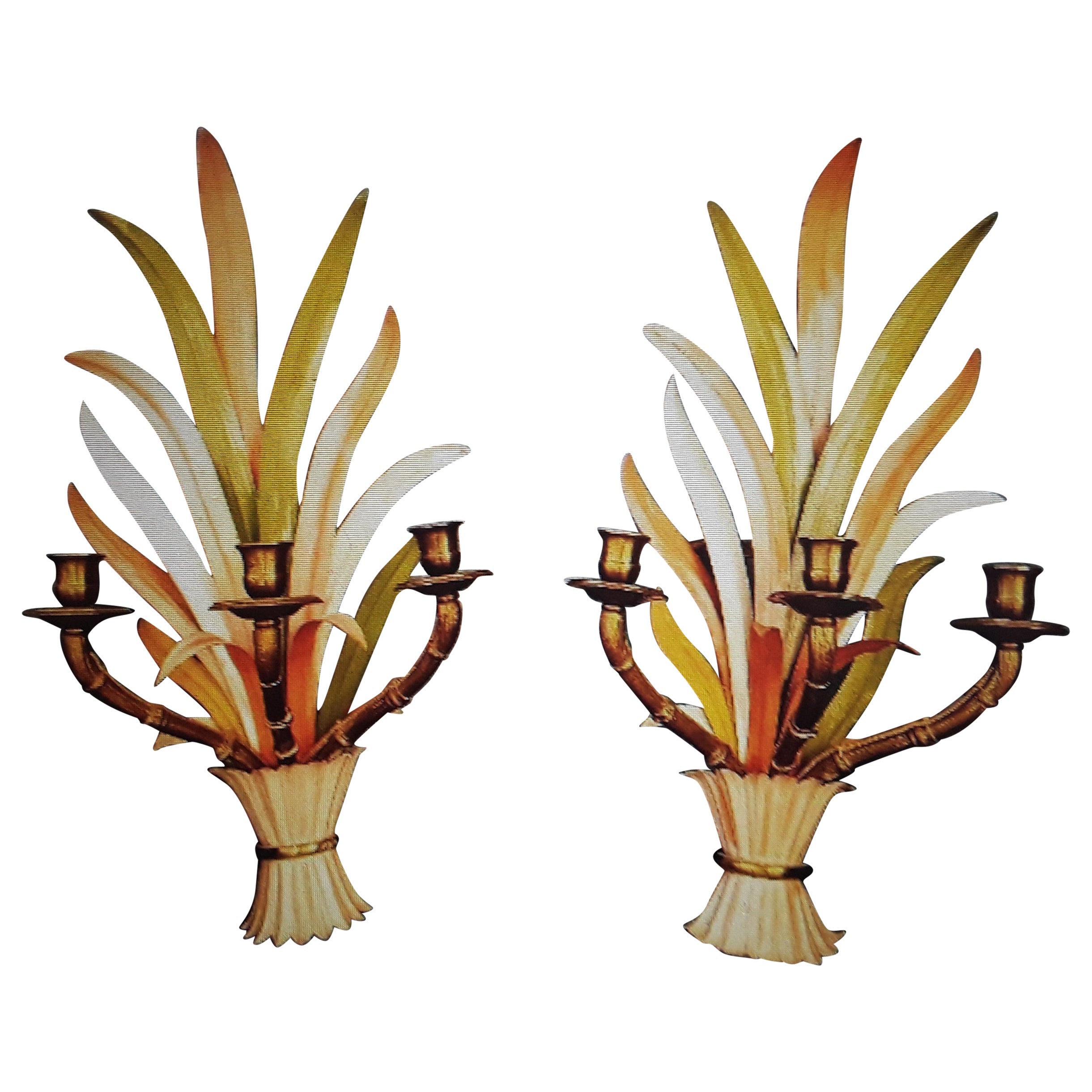 Pair 1950's Signed Maison Bagues Polychrome "Feuillage" Floral Form Wall Sconces