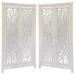 Armoires/armoires en miroir blanc des années 1970 avec portes en faux bois et poignées en lucite
