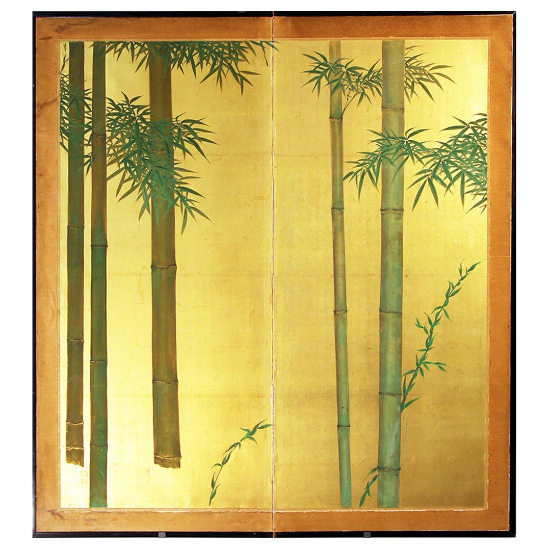 Bambù su foglia d'oro - Paravento Giapponese a due pannelli del XX° secolo.