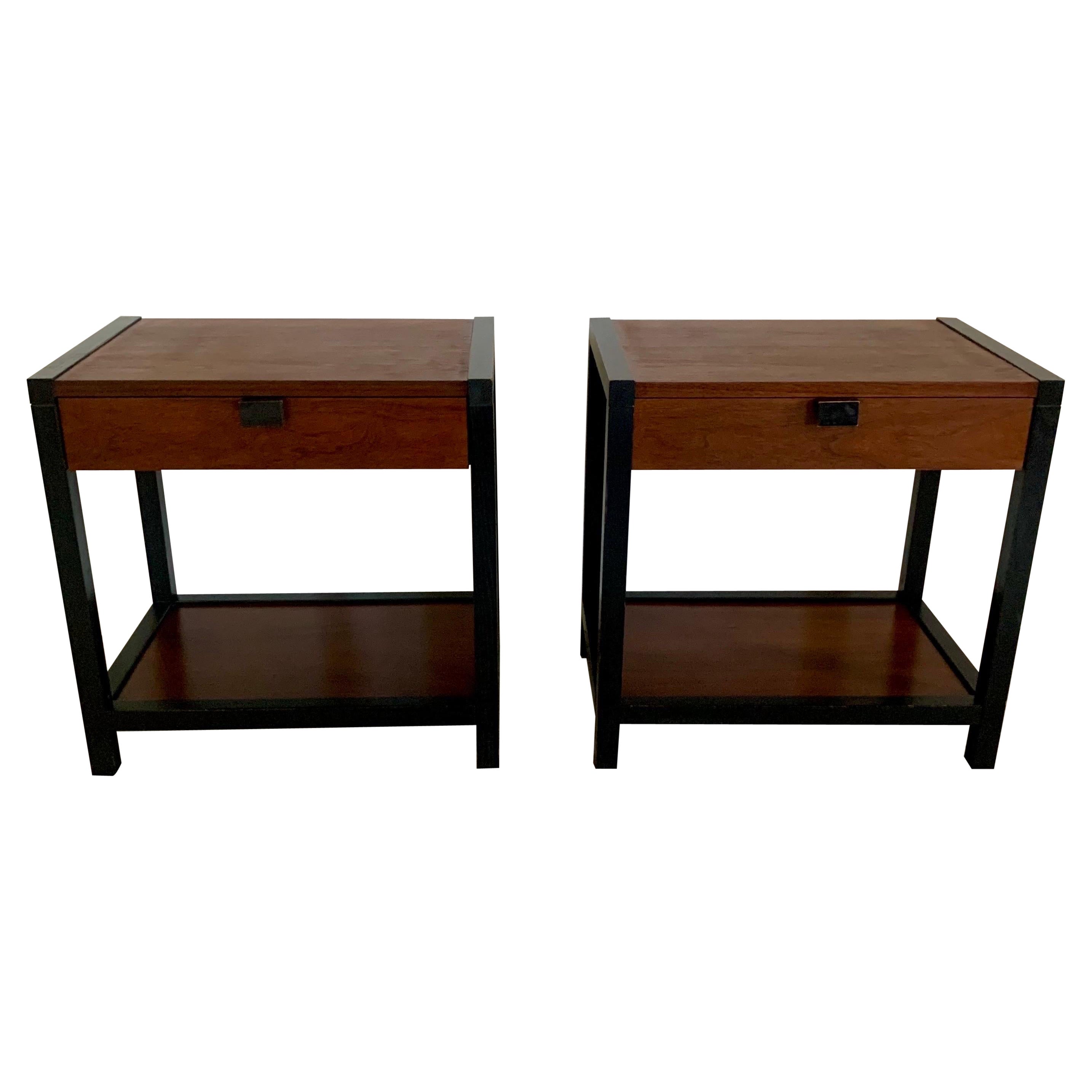 Milo Baughman for Directional Walnut and Ebonized Nightstands. 