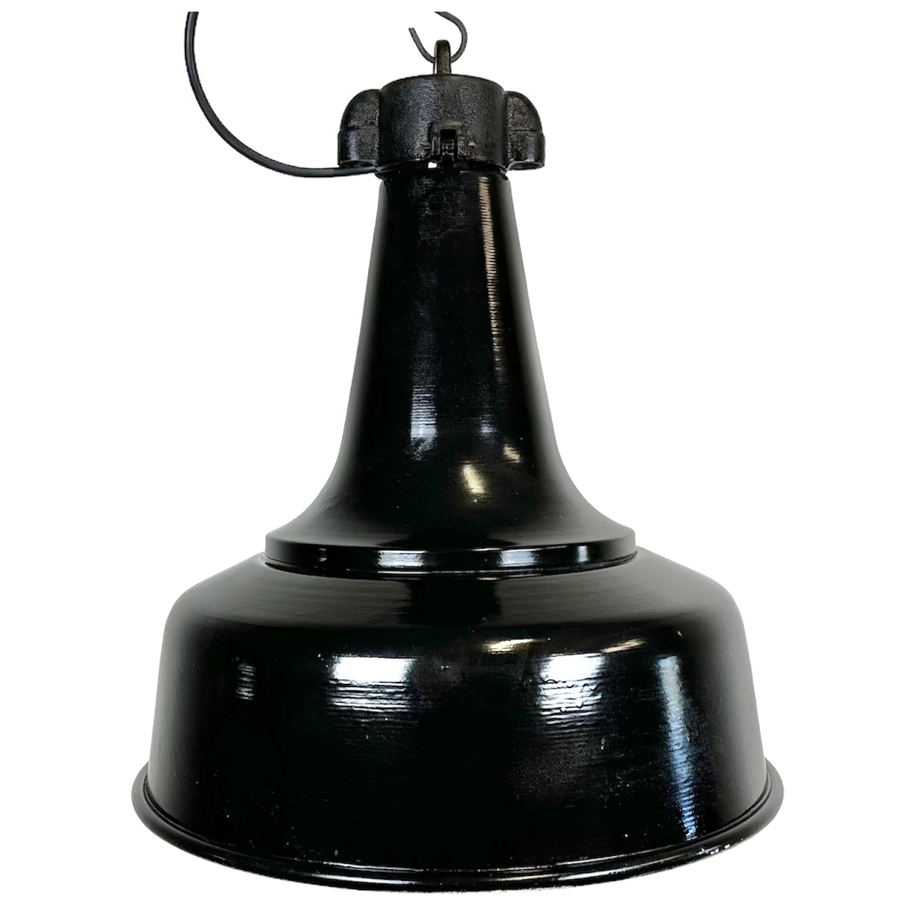 Industrial Black Pendant Factory Lamp with Cast Iron Top, 1970s For Sale