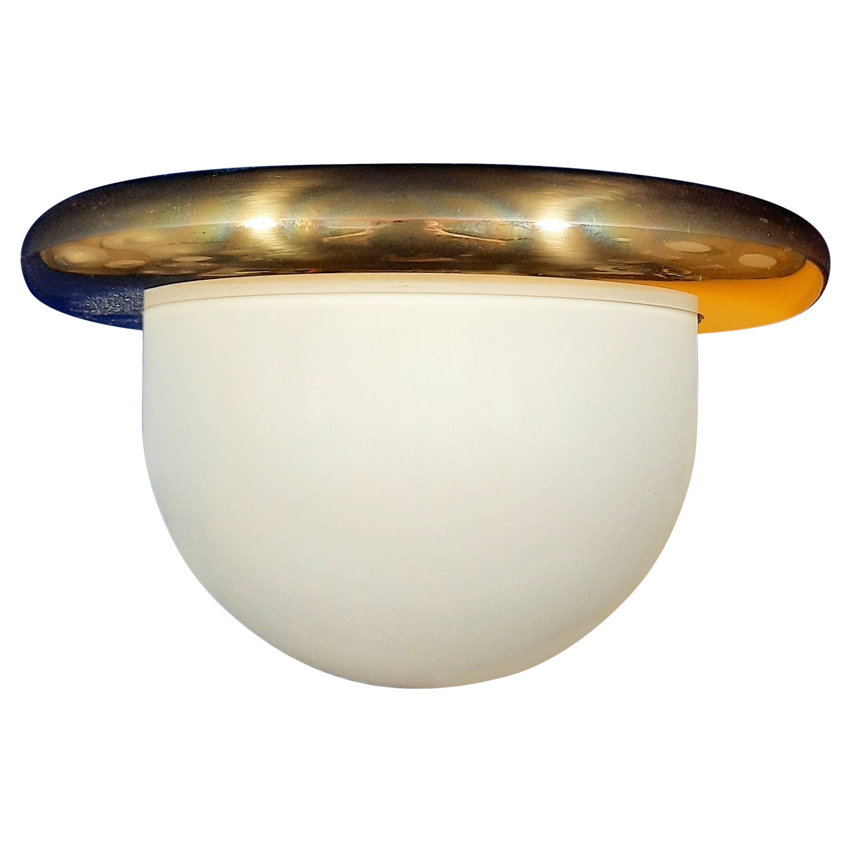 Ceiling flush mount 1960 italian white opaline with golden ring  For Sale