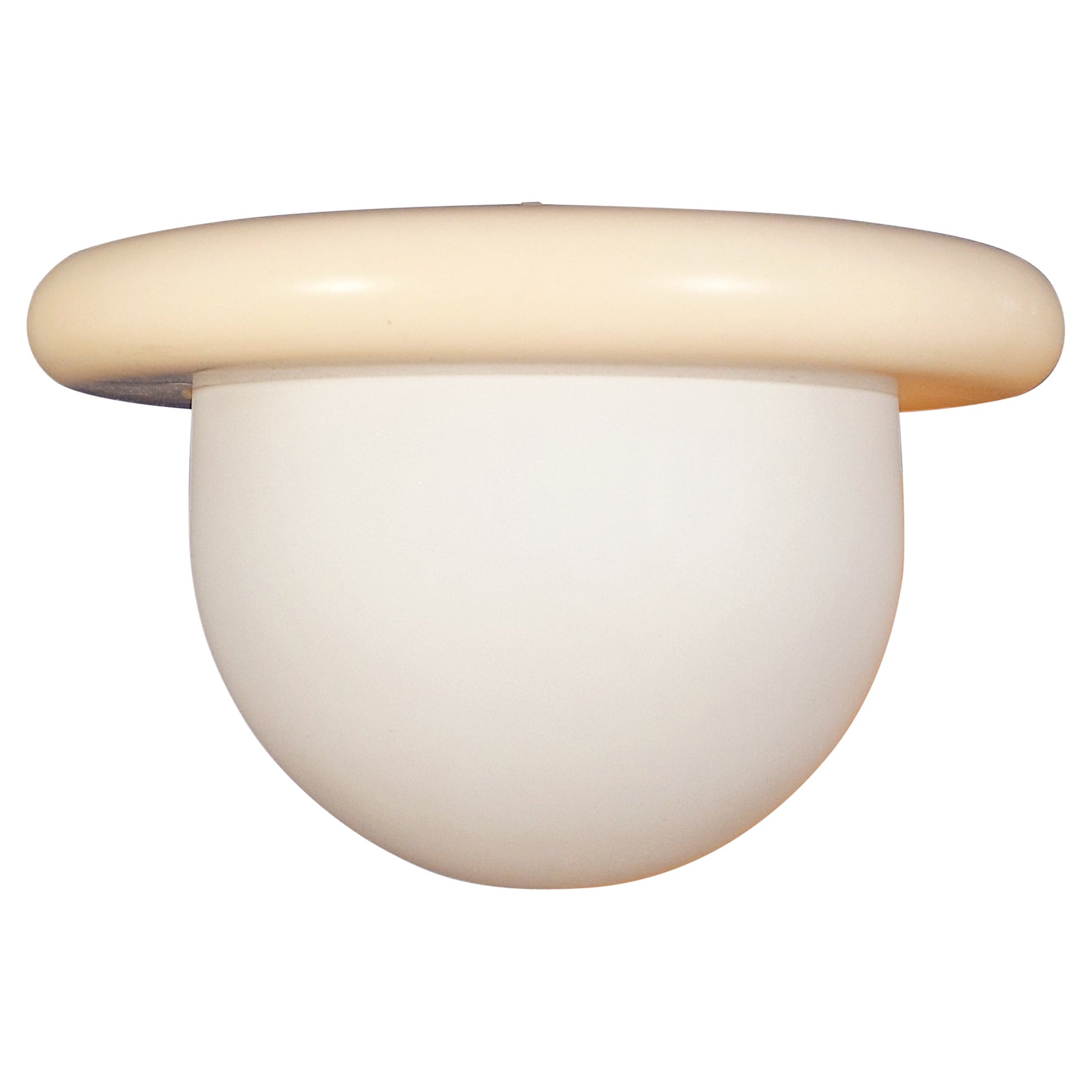 Ceiling flush Mount 1960 italian White Opaline with white lacquer ring 