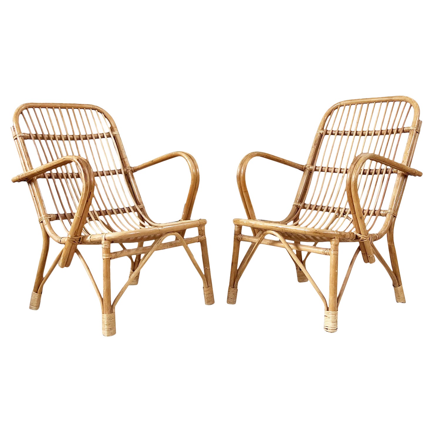 Pair Italian Designer Mid Century 1960s Bamboo Woven Lounge Chairs-- Two Pieces For Sale
