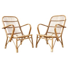 Used Pair Italian Designer Mid Century 1960s Bamboo Woven Lounge Chairs-- Two Pieces
