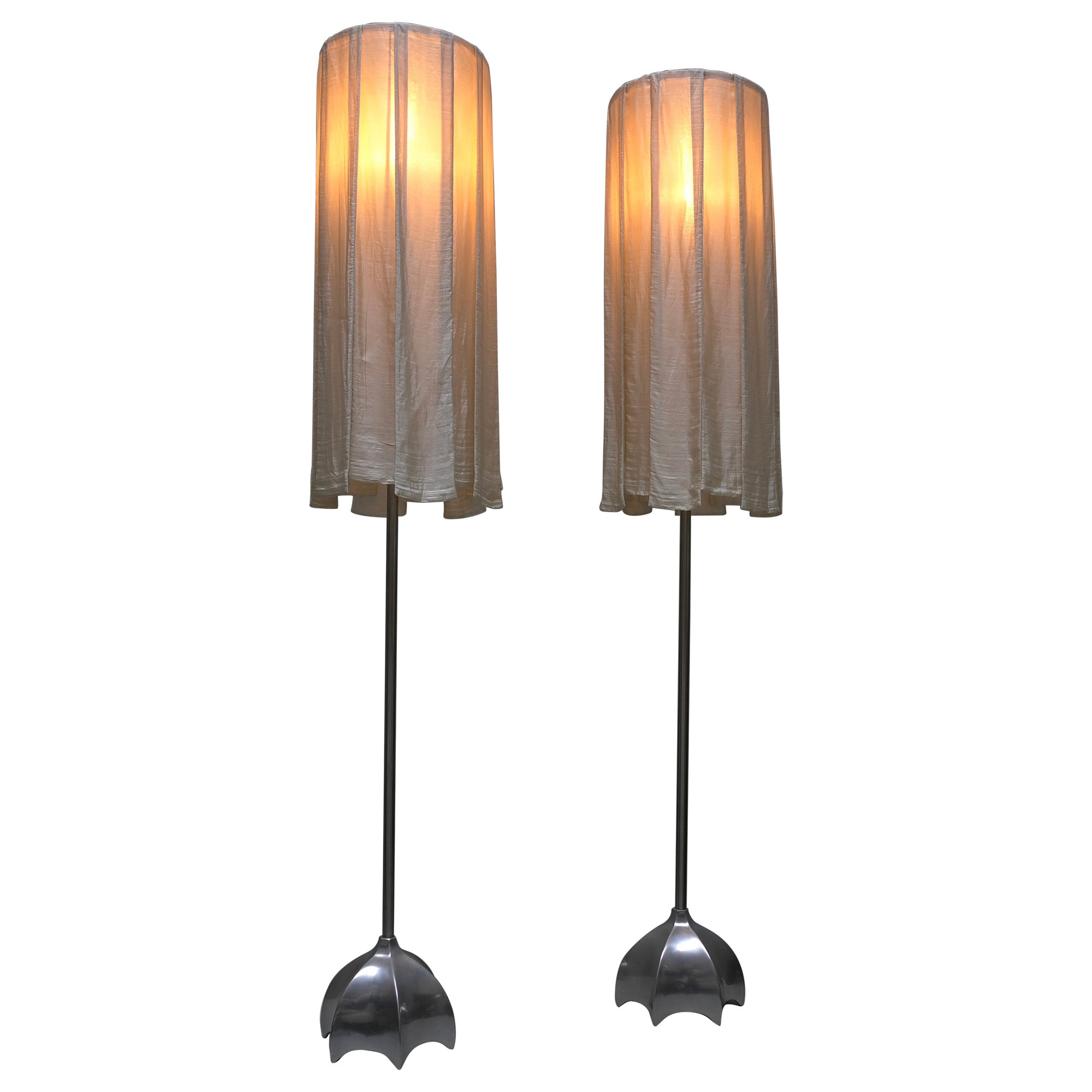 Pair of Sculptural Floor Lamps in Brass with Silk Curtain shades, circa 1980 For Sale