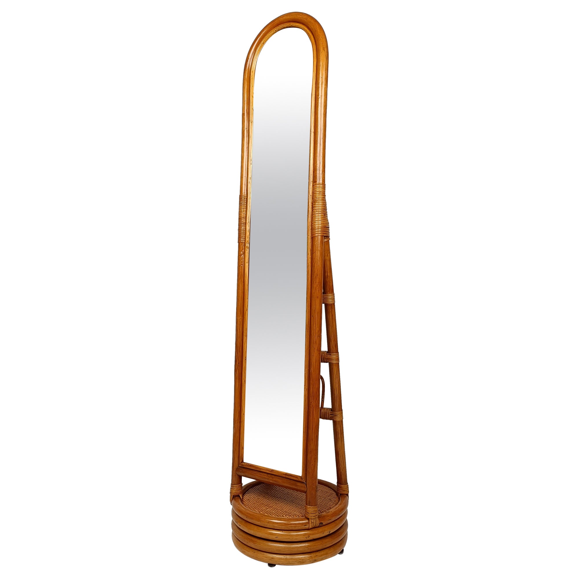 Bamboo and Rattan Woven  Full-length Rotating Floor Mirror, Italy 1970s For Sale