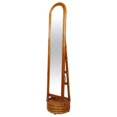 Vintage Bamboo and Rattan Woven  Full-length Rotating Floor Mirror, Italy 1970s
