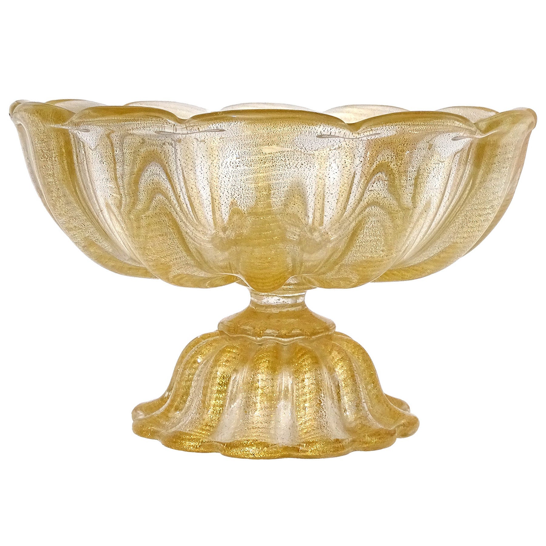 Barovier Toso Murano Large Gold Flecks Italian Art Glass Footed Centerpiece Bowl