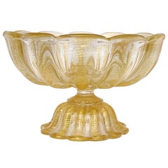 Barovier Toso Murano Large Gold Flecks Italian Art Glass Footed Centerpiece Bowl