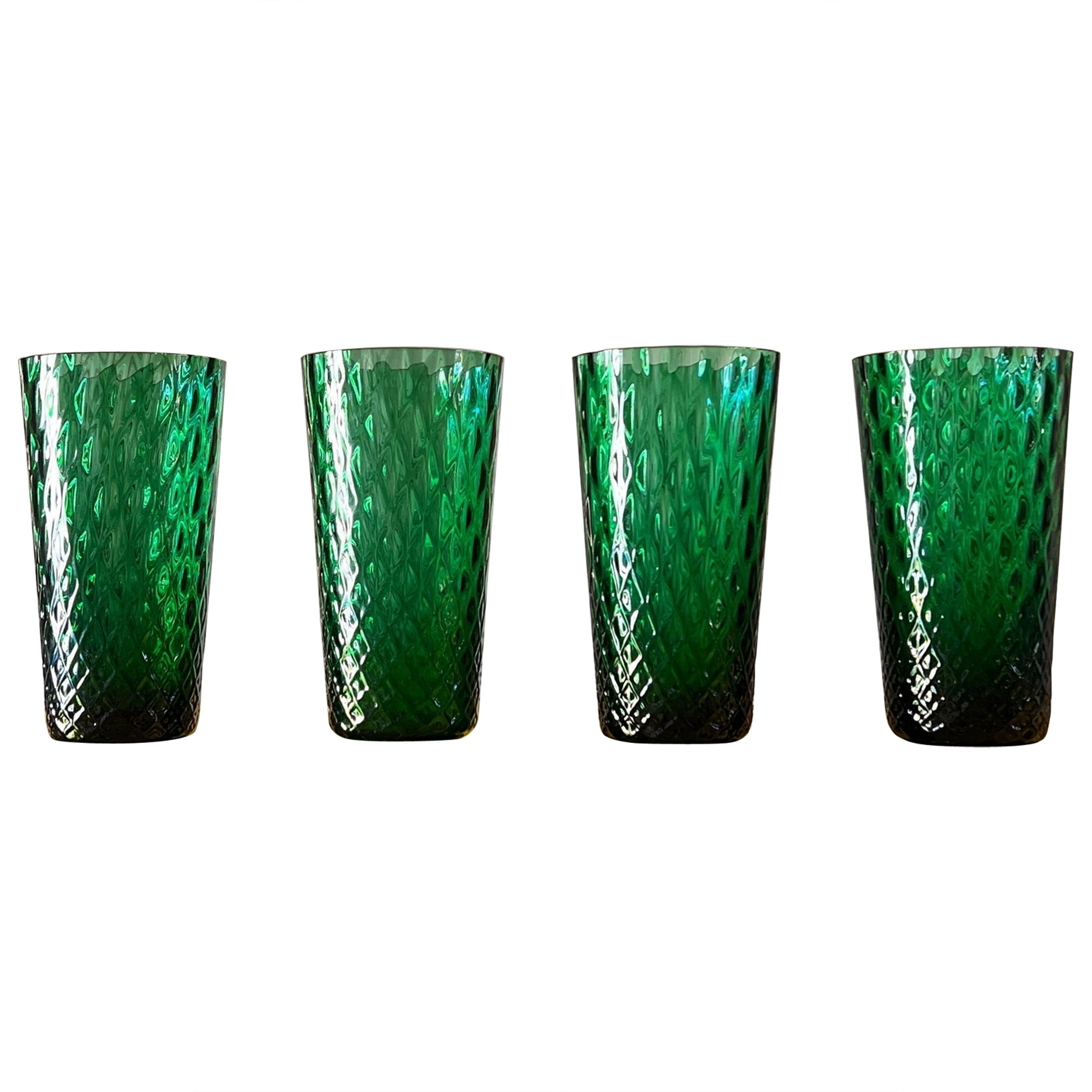 Mid Century Modern Green Faceted Indiana Glass Drinking Glasses - Set of 8