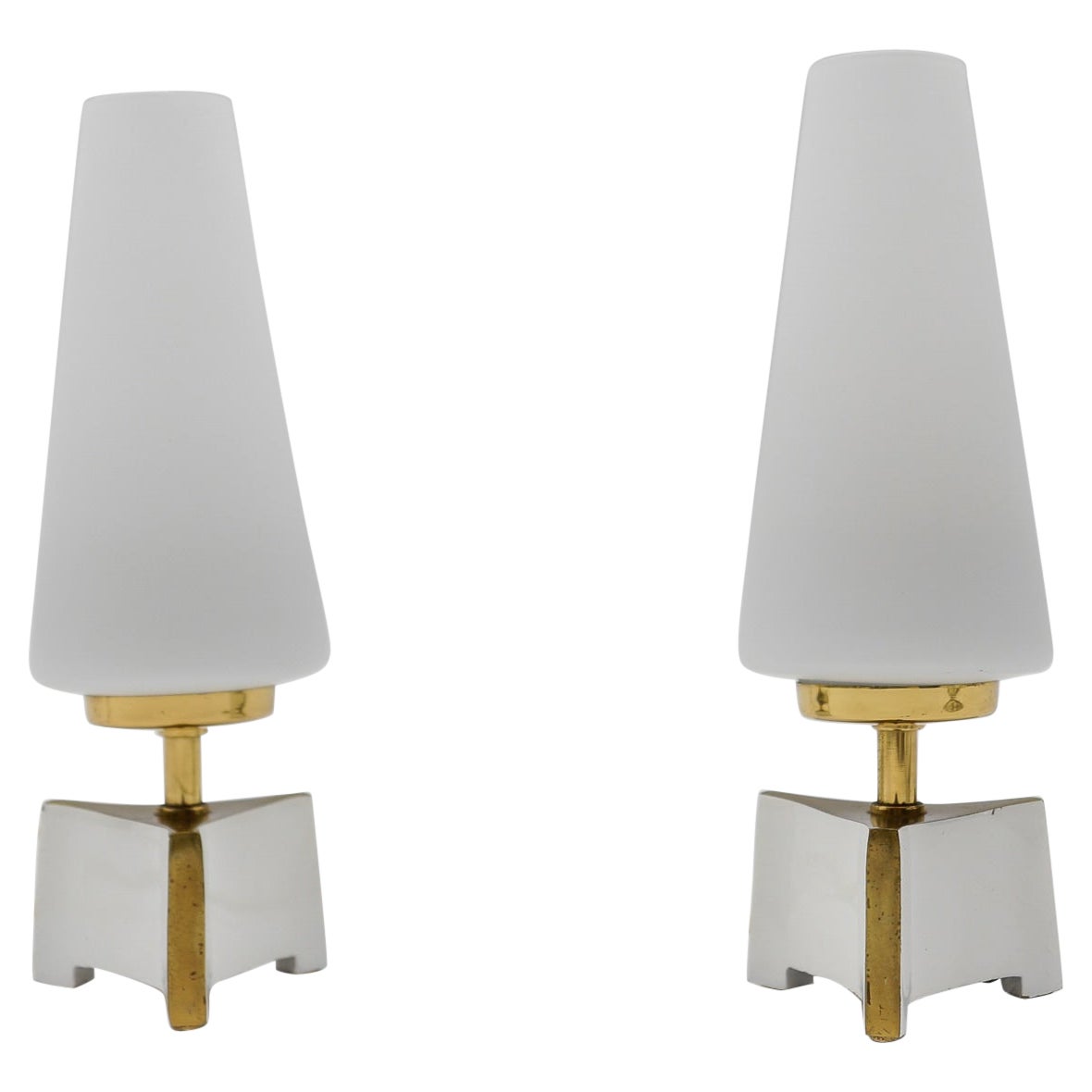 Petite Mid-Century Modern Massive Brass and Opaline Glass Table Lamps, 1950s   For Sale