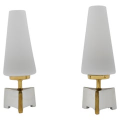 Vintage Petite Mid-Century Modern Massive Brass and Opaline Glass Table Lamps, 1950s  