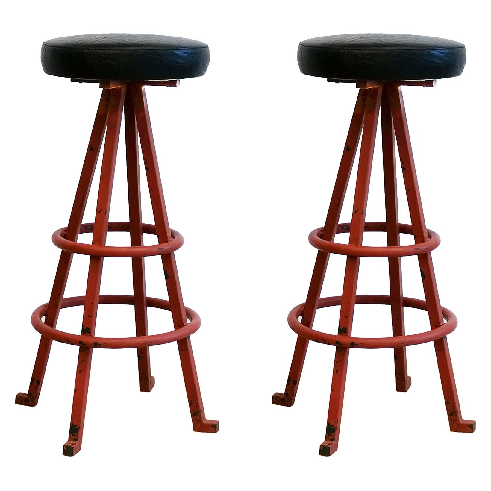 Pair Mid-Century Modern Stools in Steel and Faux Leather -Spain, Barcelona 1960s For Sale