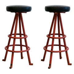Pair Mid-Century Modern Stools in Steel and Faux Leather -Spain, Barcelona 1960s