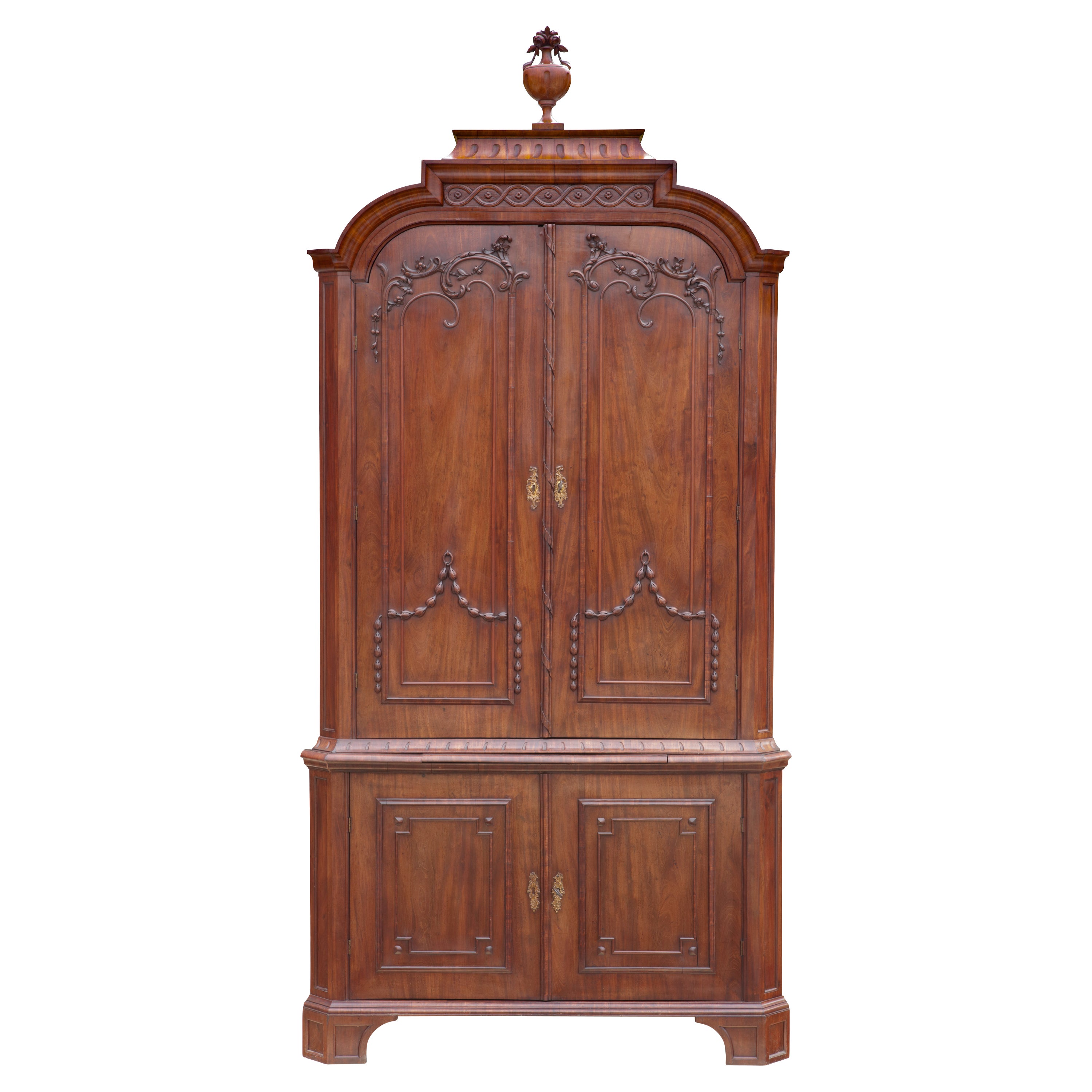 18th century Dutch oak and mahogany corner cabinet with gilded bronze fittings For Sale