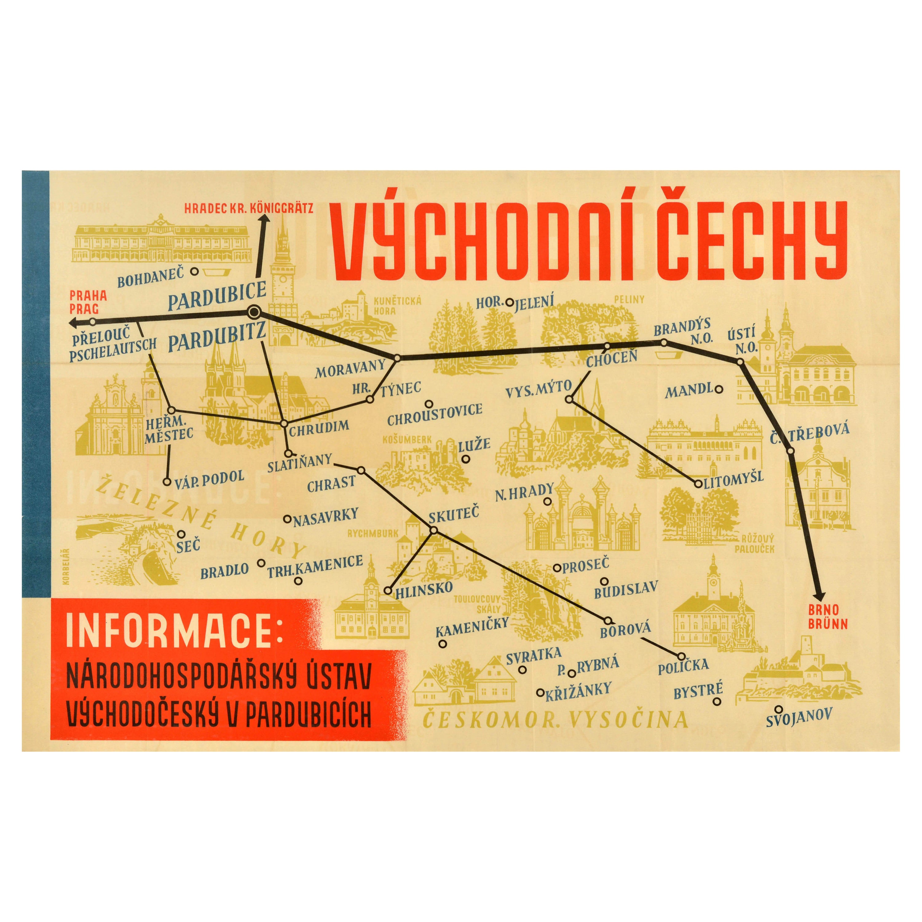 Original Vintage Travel Poster Eastern Bohemia Vychodni Cechy Map Czechoslovakia For Sale