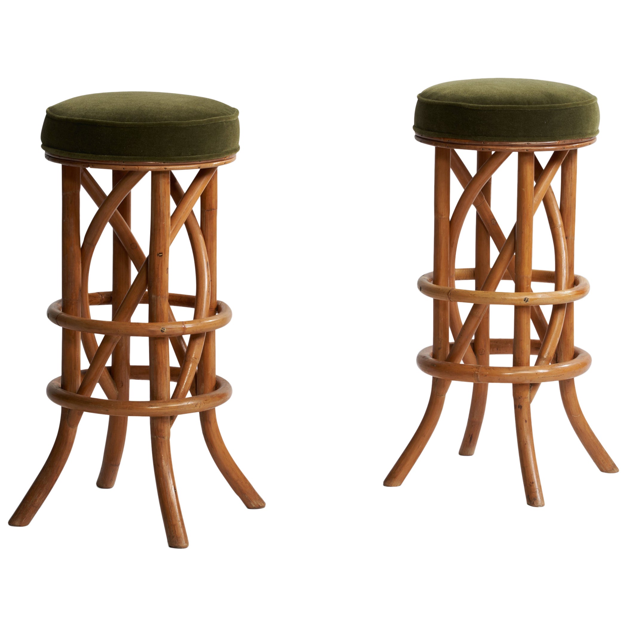 American Designer, Bar Stools, Bamboo, Mohair, USA, 1950s For Sale